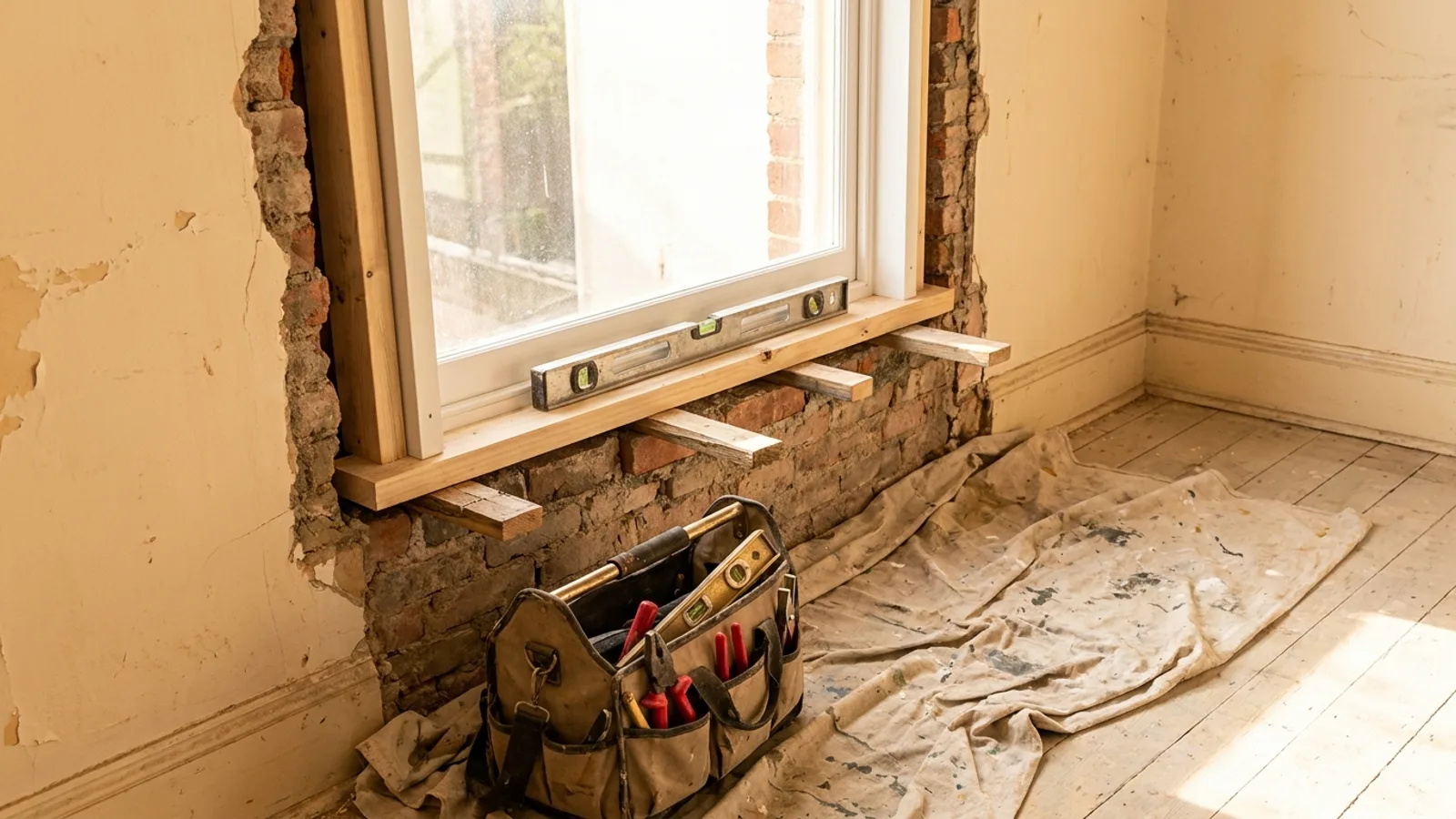 Cadre de fenêtre neuf en cours de calage dans l’ouverture d’un appartement ancien, avec cales en bois et niveau à bulle posés sur l’appui.